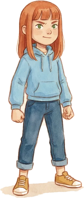 Lene, ein Mädchen mit roten Haaren und blauem Kapuzenpulli